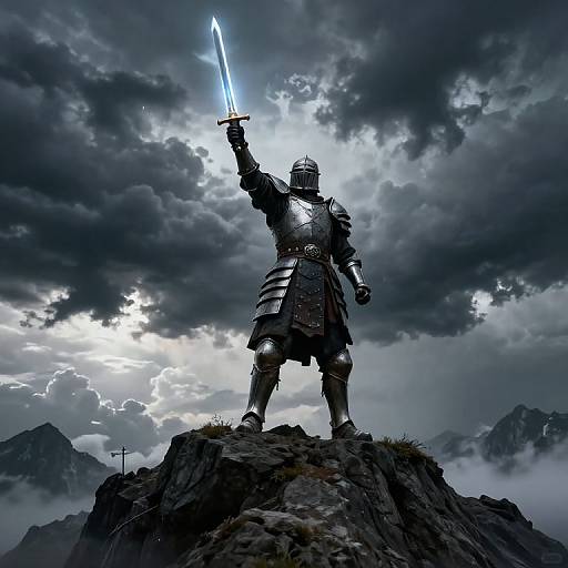 Photorealistic digital art of a knight in silver armor, standing on a rocky peak, holding a glowing blue sword under a dramatic cloudy sky.