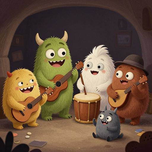 Digital cartoon of five fluffy, cute monsters with horns playing instruments on stage, including a green guitarist, white drummer, yellow guitarist, brown guitarist in hat
