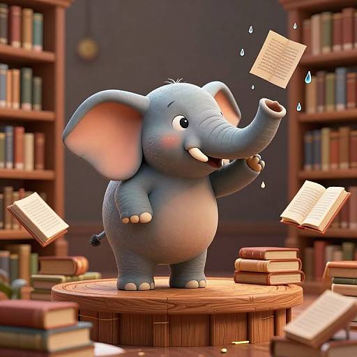 Whimsical Elephant in Magical Library