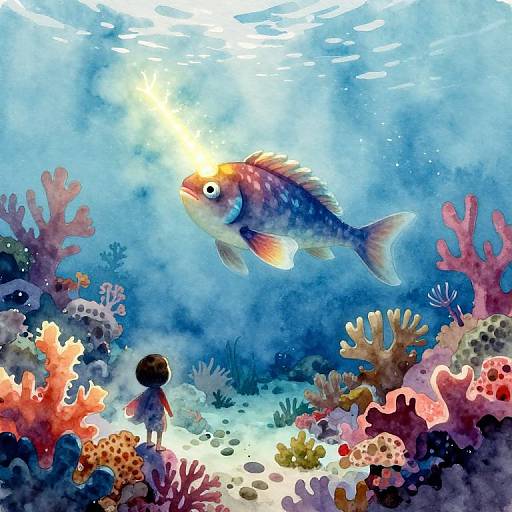 Watercolor illustration of an underwater scene with a colorful fish swimming above a small child in a dress, surrounded by vibrant coral reefs and sunlight filtering through the