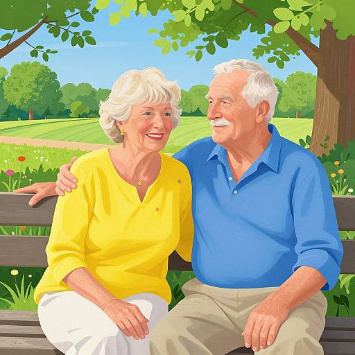 Illustration of an elderly white couple, woman in yellow blouse, white pants, man in blue shirt, beige pants, sitting on a park bench under