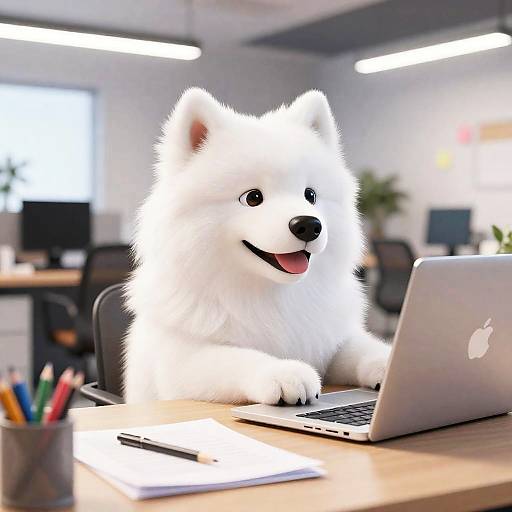 Samoyed Dog Working on Laptop in Office