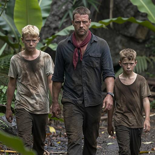 Three Adventurers Trekking Through Jungle