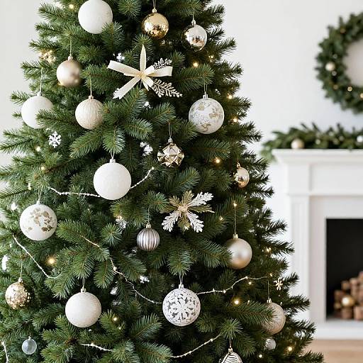 Photograph of a decorated Christmas tree with white and gold ornaments, snowflake and star garlands, and small fairy lights in a bright, festive living