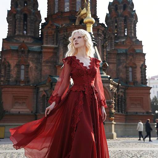 Albino Russian Woman in Red Sarafan