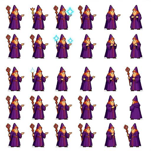 Digital illustration of 36 cartoon wizards in purple robes and hats, holding staffs, with some casting blue magic spells. White background.