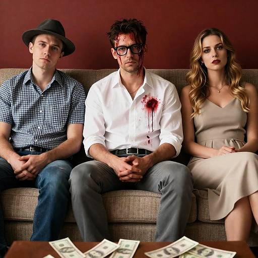 Three people on couch with bloodstained man and money