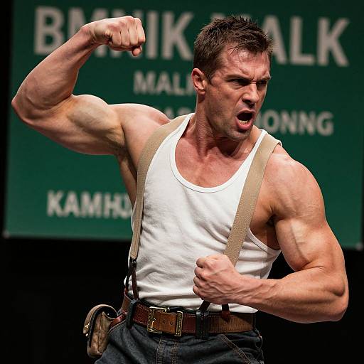 Photograph of a muscular, short-haired, white man in a white tank top and suspenders, flexing his biceps with an intense expression,