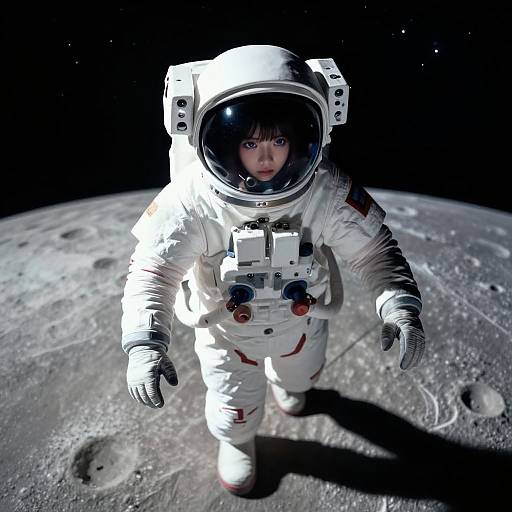 Photograph of a young Asian girl in a white astronaut suit with a reflective helmet, floating on a moon's cratered surface. Dark, starry