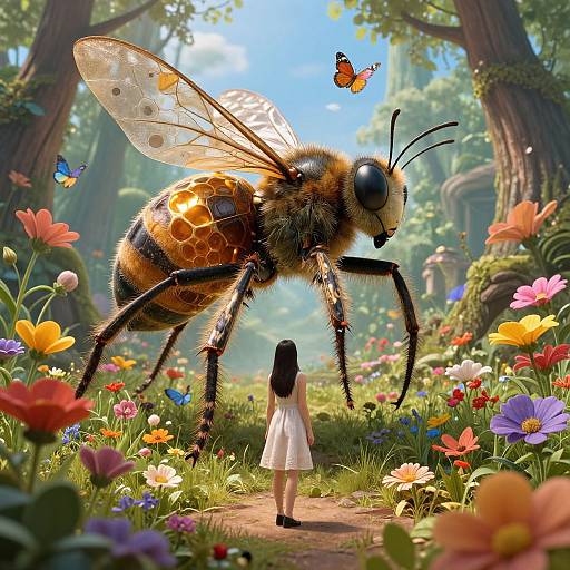 Digital artwork of a giant honeybee with translucent wings standing in a colorful, sunlit forest path, facing a small girl in a white dress, with