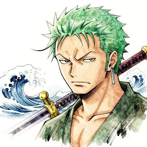 Anime-style drawing of a green-haired, muscular man with a serious expression, wearing a black shirt, and holding a sword over his shoulder with waves in