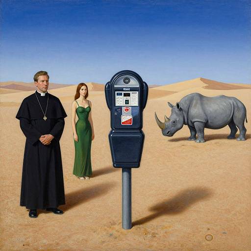 Photograph of a priest in black robes, a woman in a green dress, a parking meter, and a rhinoceros in a desert.