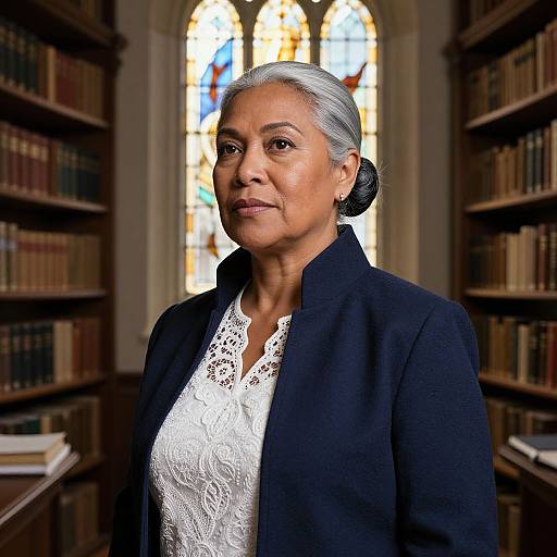Photograph of an elderly woman with gray hair in a bun, wearing a black blazer and white lace blouse, standing in a library with booksh