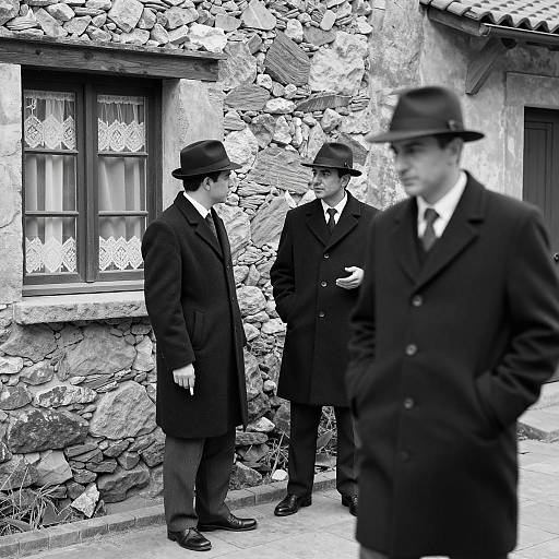 Mysterious Trio Outside Rustic Building