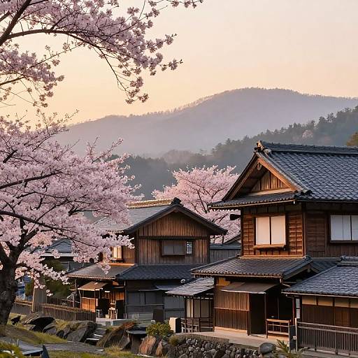 Photograph of traditional Japanese wooden houses with gray tiled roofs, surrounded by blooming pink cherry blossoms, set against a misty mountain background at sunset