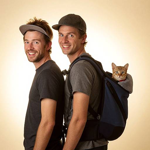 Photograph of two smiling men in black shirts and caps, with a curious tabby cat peeking from the backpack of the man on the right.