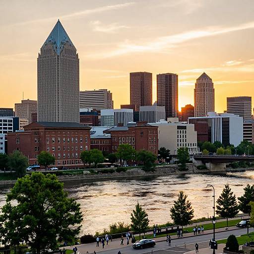 Photograph of a city skyline at sunset, featuring a tall, pointed skyscraper, riverfront, trees, and pedestrians along a river path.