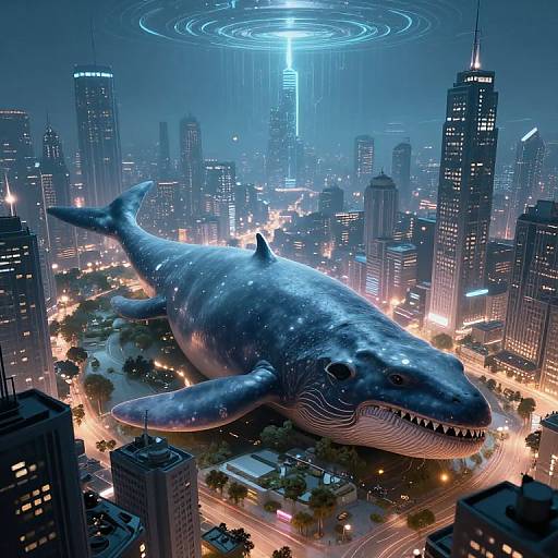 Digital art: A massive, blue, finned shark with sharp teeth looms over a brightly lit, futuristic cityscape with glowing skyscrapers and