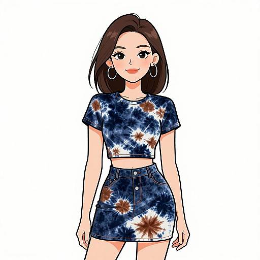 Digital anime-style drawing of a smiling woman with medium-length brown hair, wearing a blue tie-dye crop top and high-waisted denim skirt,
