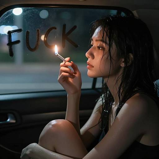 Woman Smoking in Car at Night