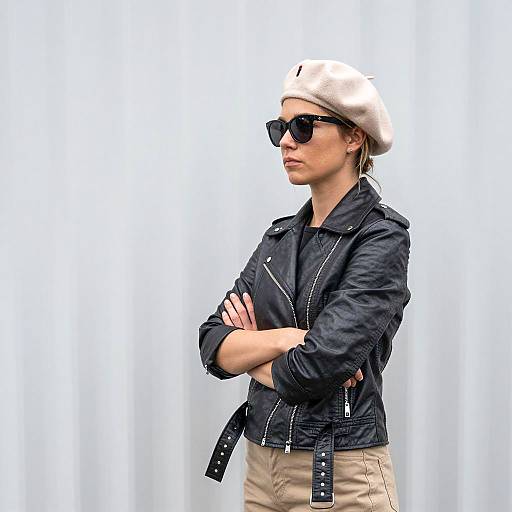 Woman in Leather Jacket and Beret