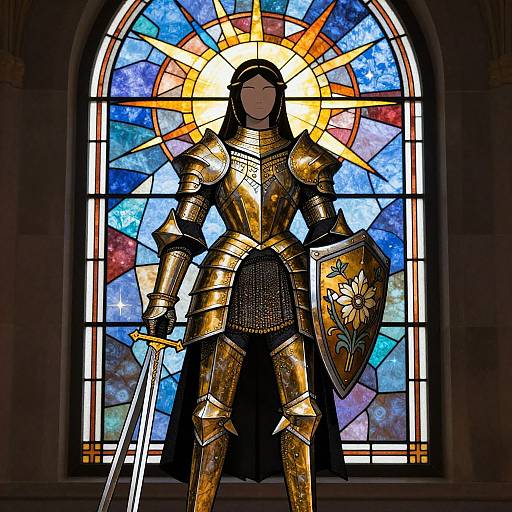 Knight in golden armor with sword and shield, standing before a vibrant stained glass window with sunburst design, illuminated.