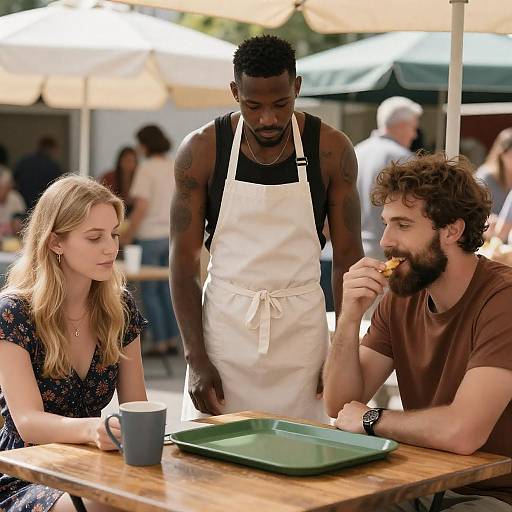 Outdoor Market Scene with Three Friends