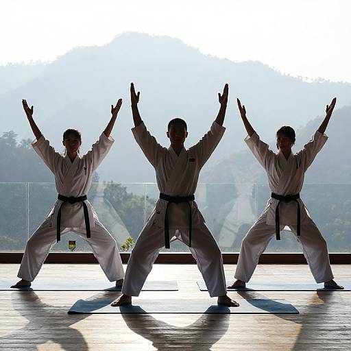 Photograph of three silhouetted martial artists in white karate gis, arms raised, standing in dynamic stances on a wooden floor,