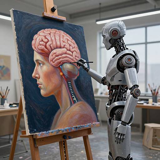 Photograph of a humanoid robot painting a realistic, detailed portrait of a woman with a human-like brain, blending human and robotic elements in an artist's