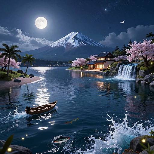 Digital painting of a serene, moonlit Japanese landscape with a snowy mountain, cherry blossoms, waterfall, boat, and illuminated house.