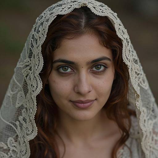 Photograph of a young woman with green eyes, brown wavy hair, and light olive skin, wearing a white lace veil, smiling subtly, with