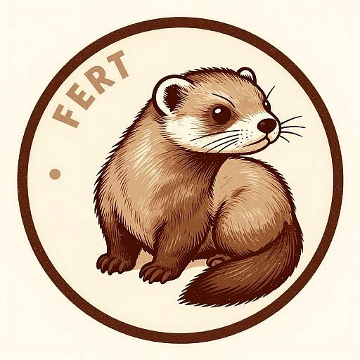 Digital illustration of a cute, brown-furred ferret with black eyes and a bushy tail, sitting inside a circular, beige background with 