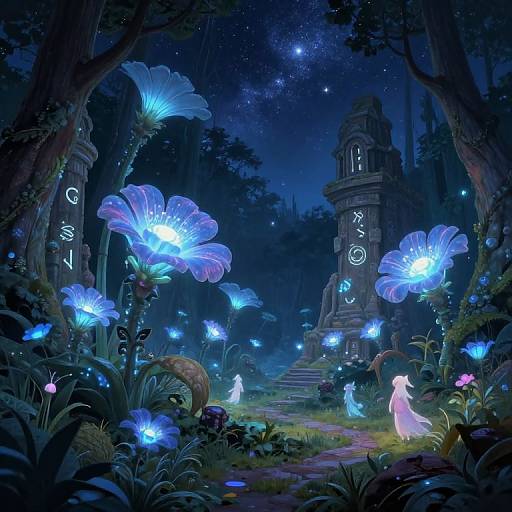 Mystical Forest with Bioluminescent Flowers and Ancient Ruins