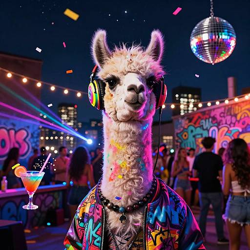Photograph of a llama with fluffy white fur, wearing colorful, neon-patterned jacket and headphones, standing in a vibrant, neon-lit club with