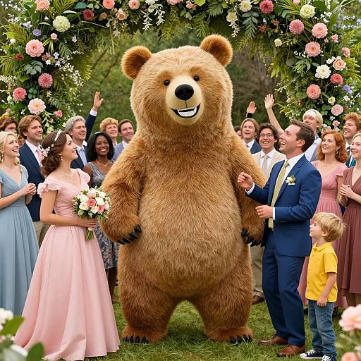 Photograph of a wedding reception with a large, smiling bear mascot standing in the center, surrounded by joyful guests in pink and blue dresses, and floral
