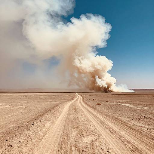 Photograph of a vast, sandy desert with a single tire track leading to a massive, white smoke explosion against a clear blue sky.