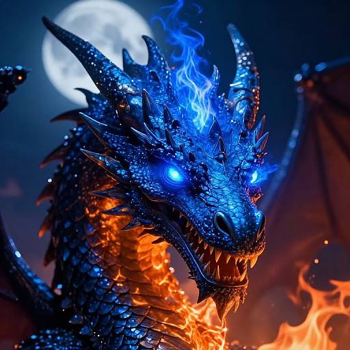 Digital artwork of a fierce blue and black dragon with glowing eyes, fiery orange throat, and sharp spikes, under a full moon.