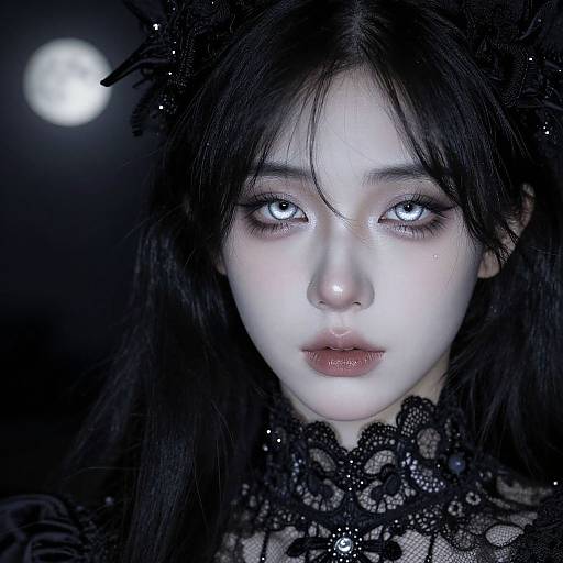 Digital portrait of a pale-skinned woman with black hair, intense blue eyes, and black lace gown, illuminated by a full moon in a dark,