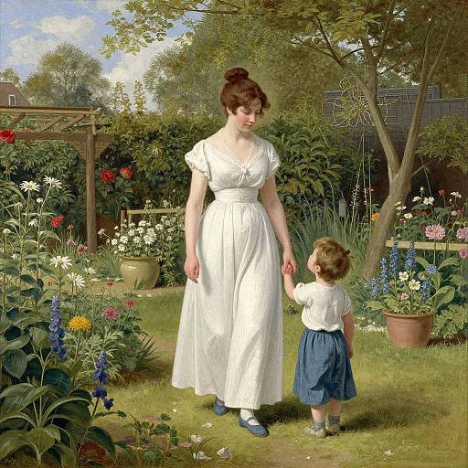 Photograph-style digital painting of a brunette woman in a white dress holding the hand of a young boy in a white shirt and blue skirt, standing in