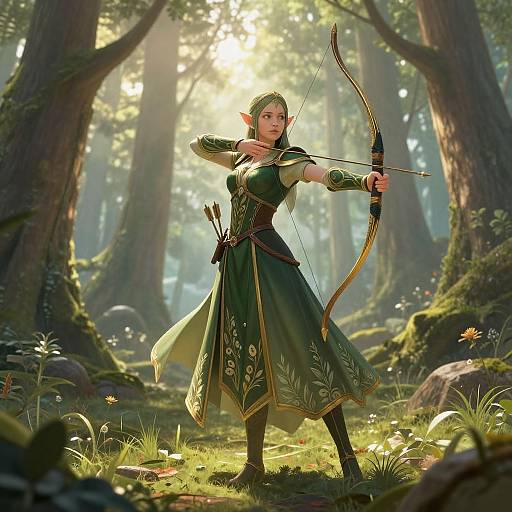 Digital fantasy artwork of an elven archer in a green, leaf-patterned dress, standing in a sunlit forest, drawing a bow.