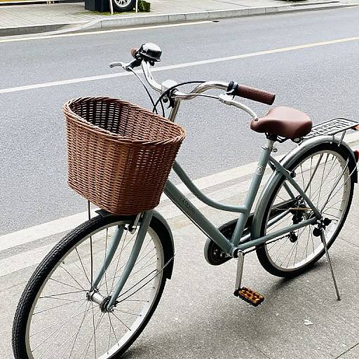 Photograph of a gray bicycle with a brown wicker basket, parked on a street curb, beside a white-lined road.