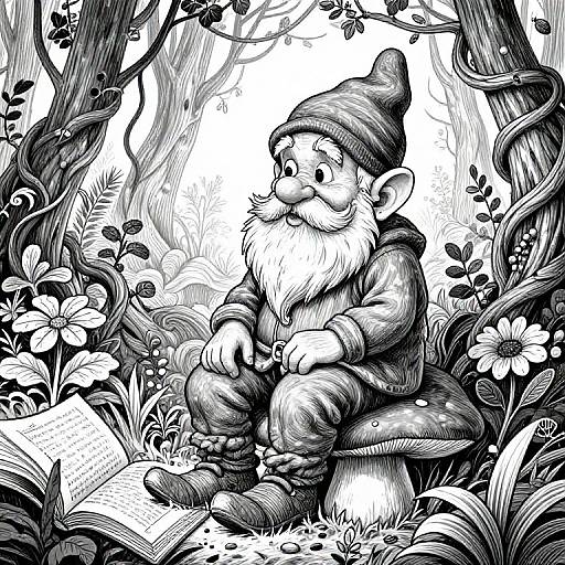 Black-and-white ink drawing of a gnome with a beard and hat, sitting on a mushroom, reading an open book in a detailed, floral forest background