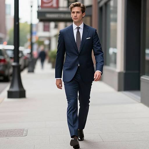 Photograph of a handsome, young white man with short brown hair, wearing a dark blue suit, white shirt, and patterned tie, walking confidently