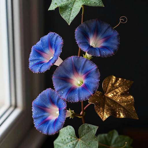 Morning Glory Blossoms with Dew on Glossy Vine