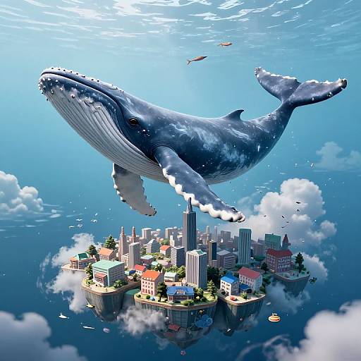 Digital illustration of a massive blue whale soaring above a floating city with skyscrapers, surrounded by clouds and ocean.