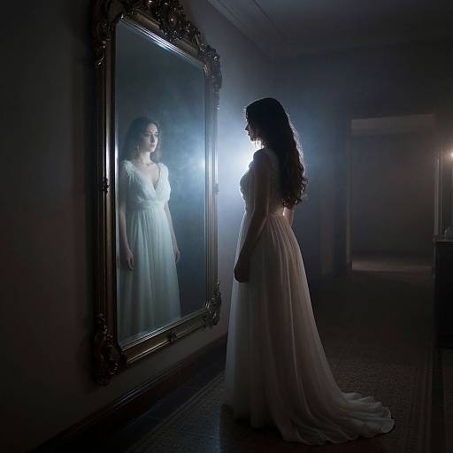Photograph of a silhouetted woman in a white, flowing wedding dress, gazing at her reflection in a large, ornate mirror,
