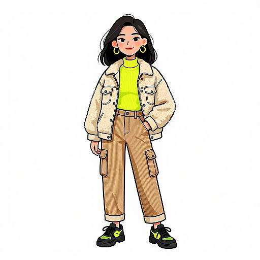 Digital drawing of a confident young woman with medium skin, black hair, wearing a yellow turtleneck, white jacket, brown cargo pants, and black