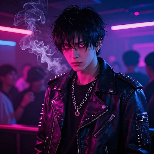 Gloomy, neon-lit photograph of a young Asian man with spiky black hair, piercing purple eyes, wearing a spiked black leather jacket and