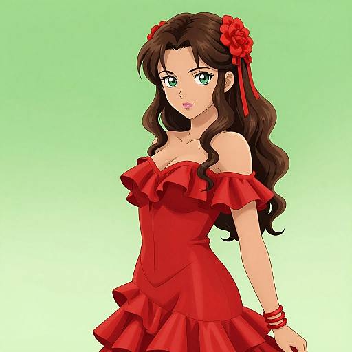 Anime Woman in Red Flamenco Dress
