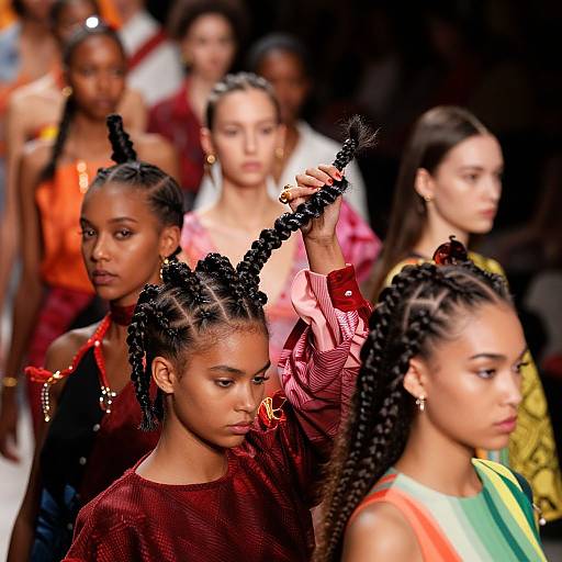 Photograph of diverse African-American models with intricate braided hairstyles, wearing vibrant, colorful clothing, walking down a fashion runway.